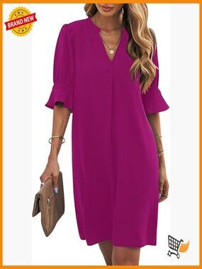 V Neck Short Sleeve Shift Dress Flowy Casual Knee Length